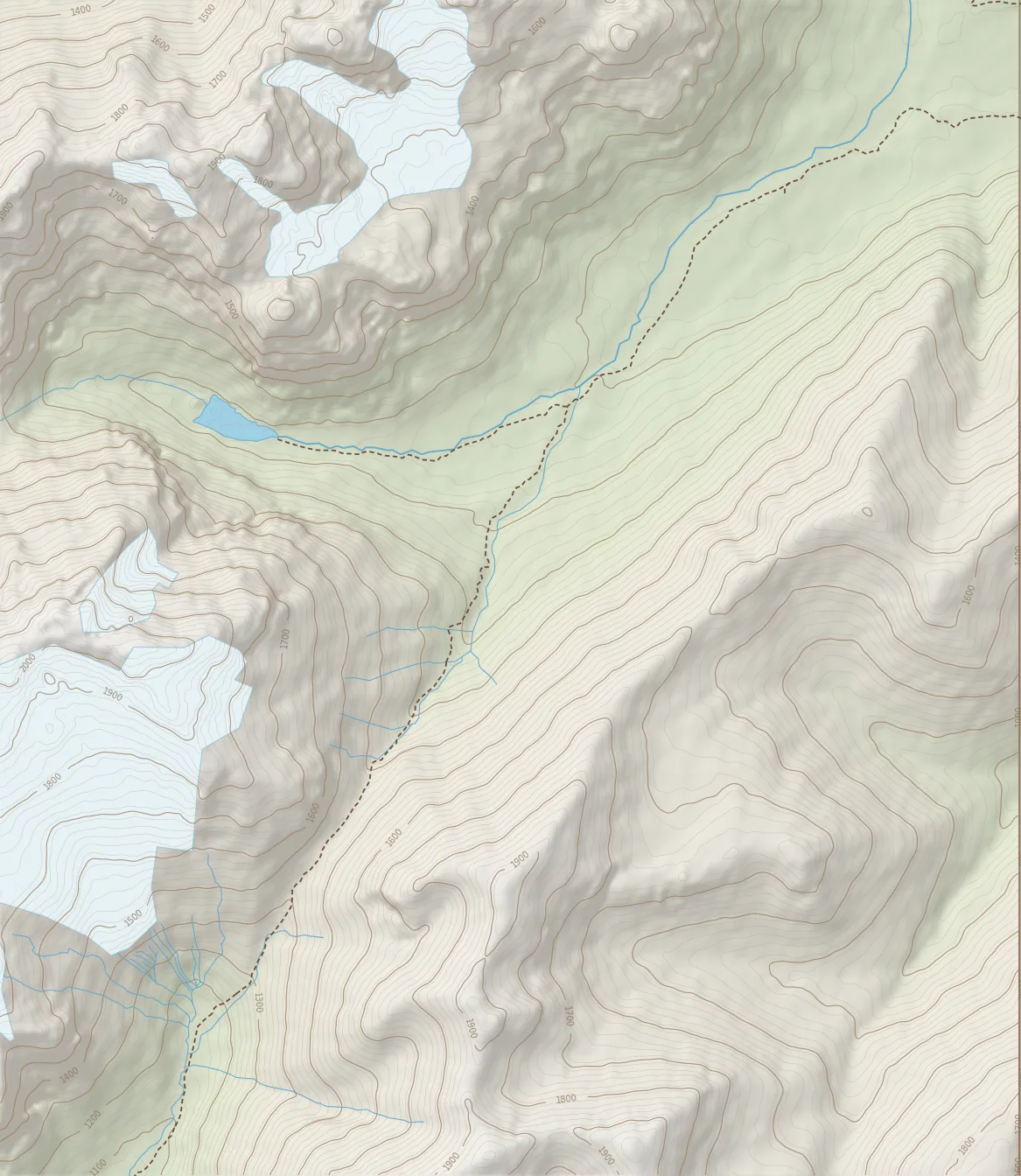 Mapa topográfico del tramo entre el Campamento Río Turbio y el Paso El Peñón, con curvas de nivel, glaciares, la Laguna Glaciar Peñón y el sendero
